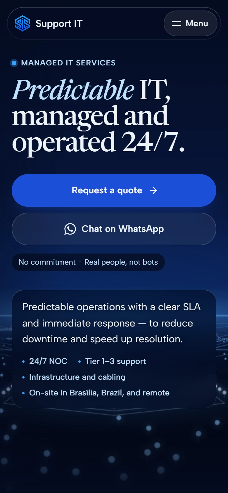 Support IT Services public website at phone width.