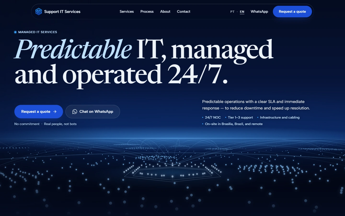 Support IT Services public website: opening view with the serif headline above a field of network nodes.