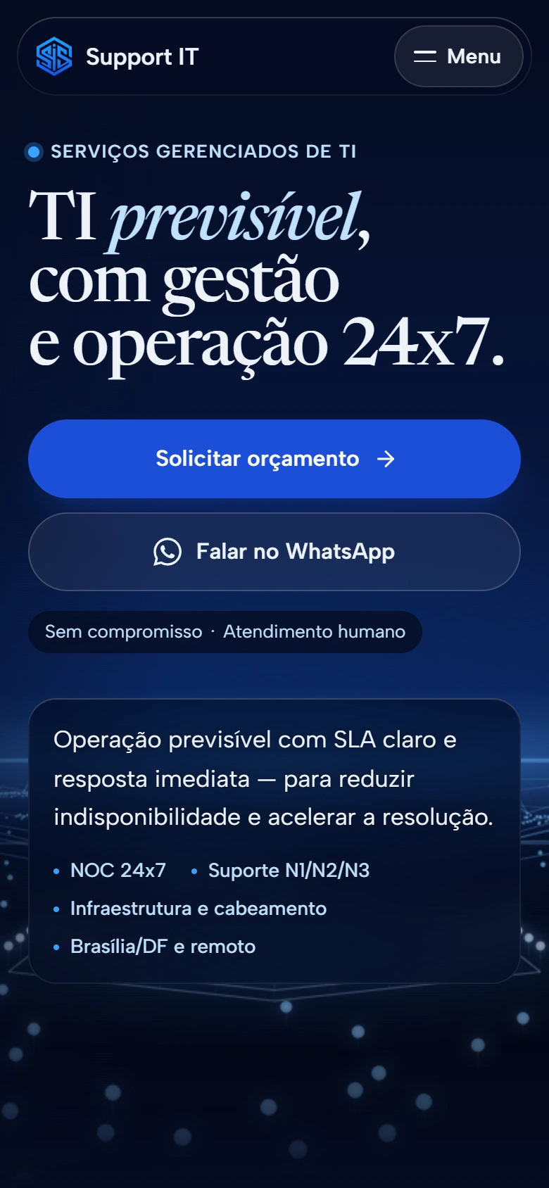Site público da Support IT Services em tela de celular.