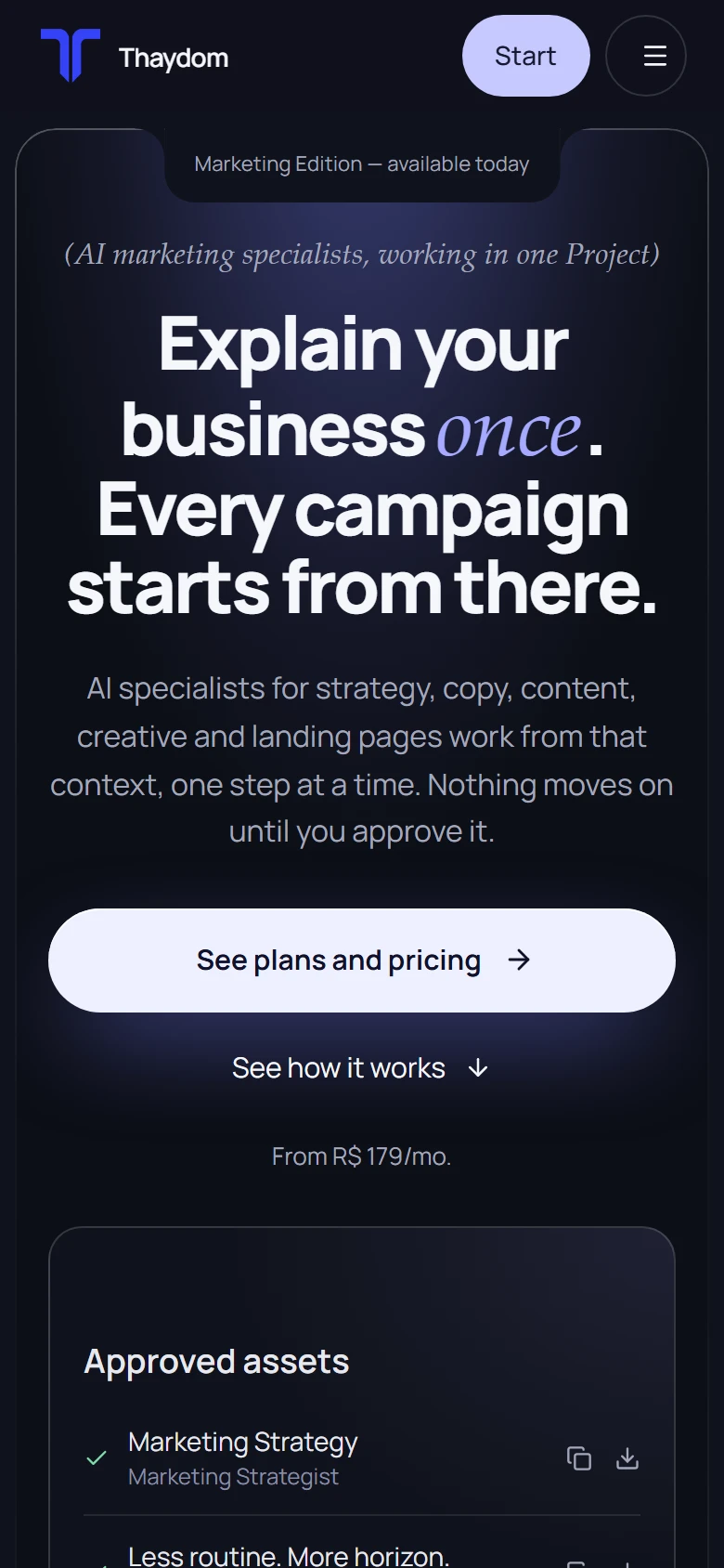 Thaydom public website at phone width.