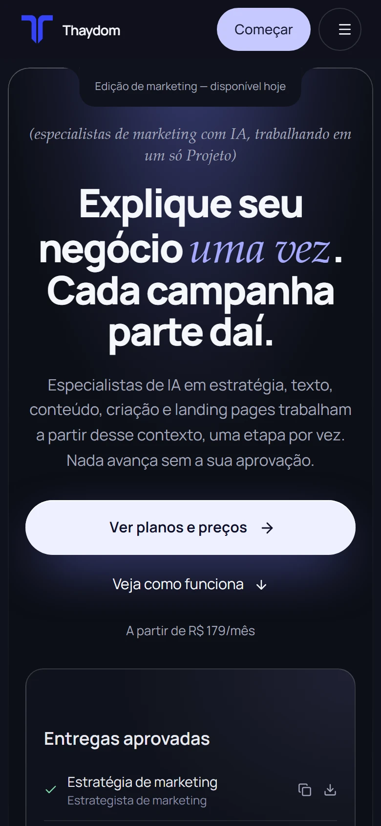 Site público do Thaydom em tela de celular.